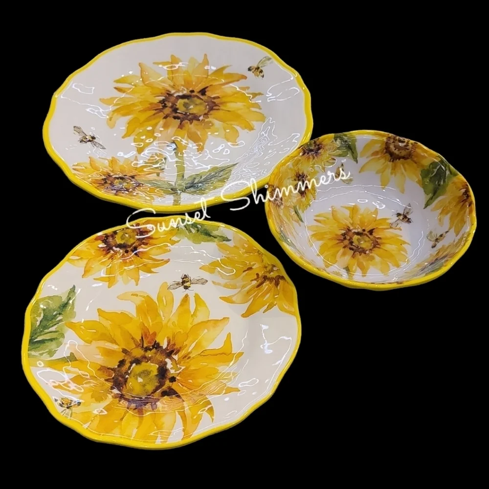 12pc Tuscan Sunflower Honey Bee Melamine Dinner Salad App Dessert Plate Set New